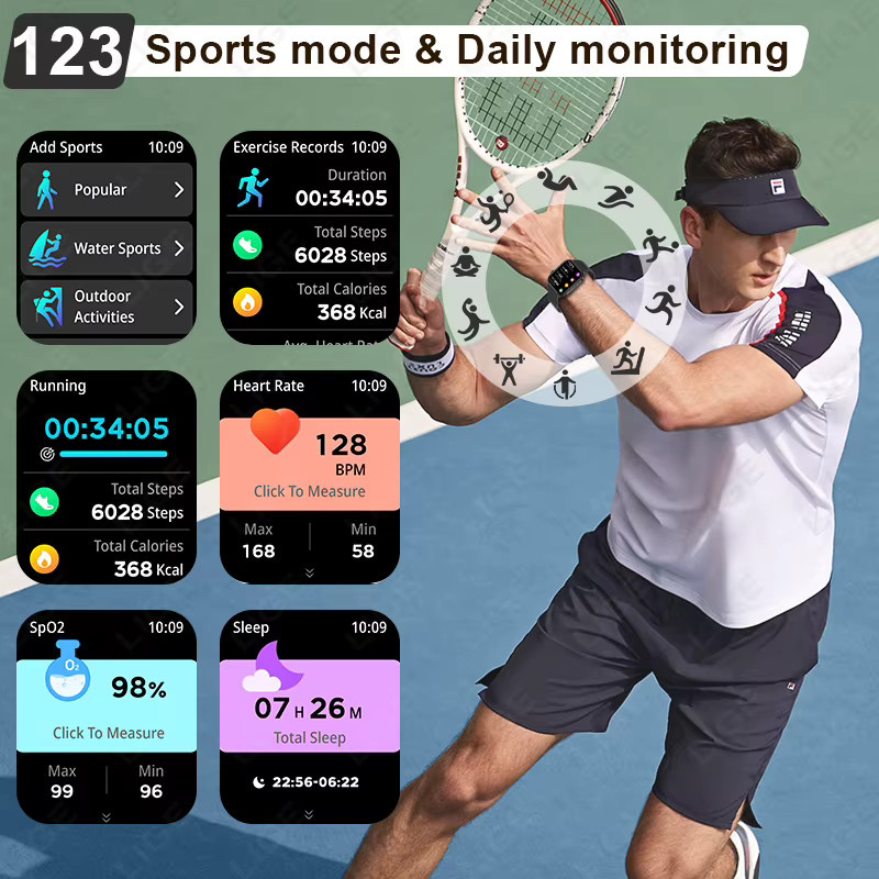 LIGE Smartwatch mit 2,01 Zoll Display, Bluetooth Anruffunktion, Herzfrequenz-Monitor und IP68 Wasserdichtigkeit, Farbe: Schwarz - Bild 3