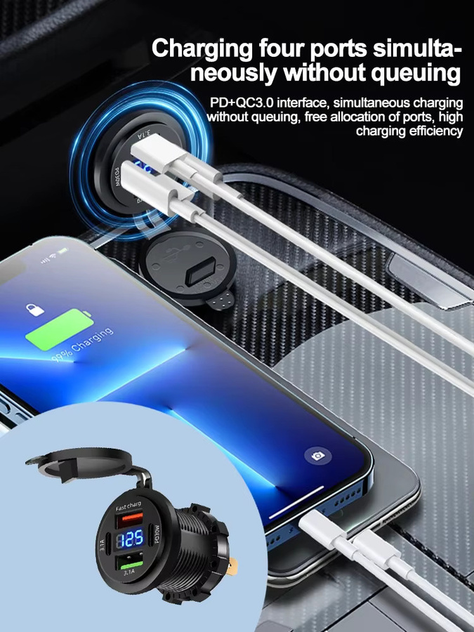 kebidumei 83W Motorrad und Auto Ladegerät mit PD 30W Schnellladefunktion, Dual USB und Typ C Steckdose, Voltmeter, Wasserdicht, Schwarz - Bild 6