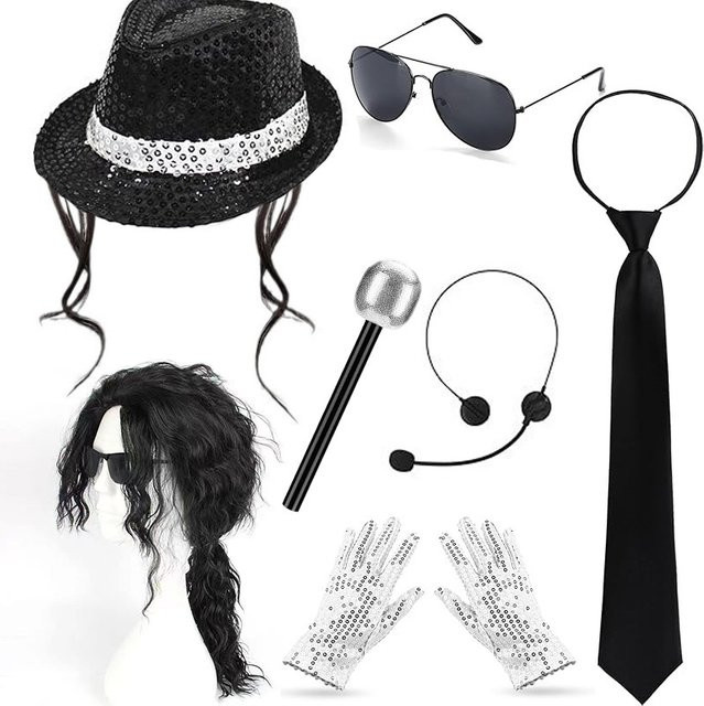 Jackson-Style Pailletten-Hut-Krawatte-Handschuh-Set, Disco-Kostüm, Bunt / Mehrfarbig - Bild 1