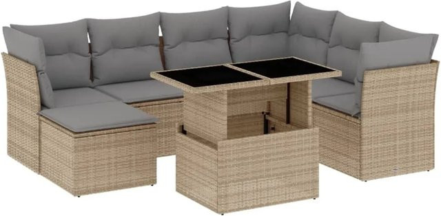 vidaXL 8-tlg Garten-Sofagarnitur in L-Form aus Poly-Rattan mit Kissen in Beige - Bild 1