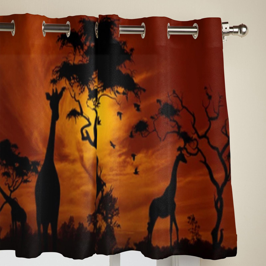 Moderne halbtransparente Vorhänge mit afrikanischer Landschaft und Giraffe bei Sonnenuntergang, Multicolor, Breite: 135 cm, Höhe: 60 cm - Bild 4