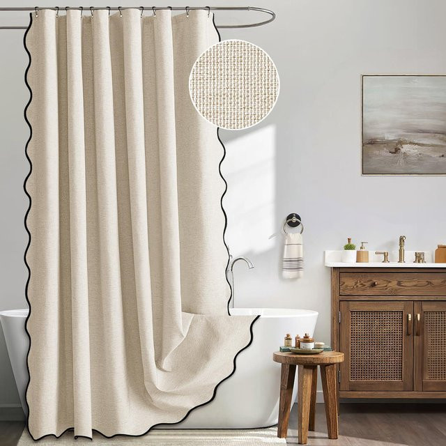 Wasserdichter Duschvorhang in Leinenoptik mit schwarzem Wellenrand, beige, B/H: 200 x 200 cm - Bild 1