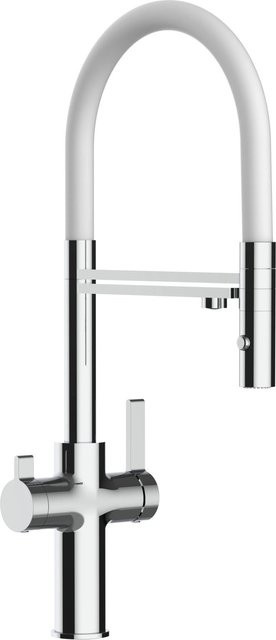 VIZIO Küchenarmatur mit 3-Wege-Wasserhahn, Niederdruck-System, 360° schwenkbarer Auslauf und abnehmbarer 2-Strahl-Handbrause, Verchromt und Weiß - Bild 1