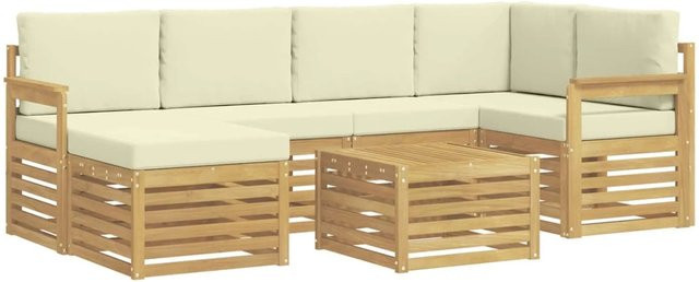 7-teilige vidaXL Outdoor-Sofagarnitur in L-Form aus Akazienholz mit Polsterkissen in Weiß und Beige - Bild 1