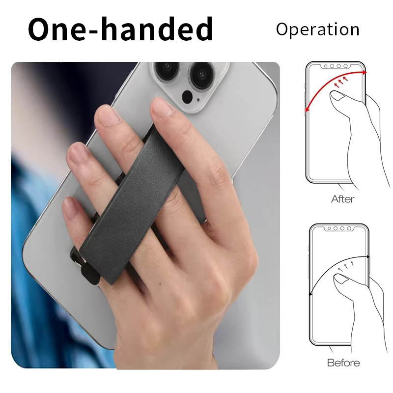 Universeller Leder-Handgelenkschlaufe Telefonständer mit Metall-Halterung und selbstklebendem Rücken, ausziehbarer Fingergriff-Riemen in Schwarz oder Braun - Bild 2