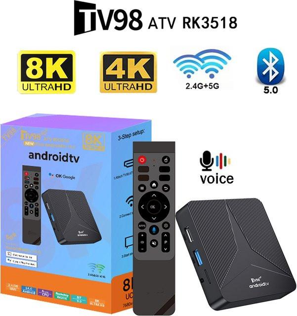 CLIBABIQBOX TV98 ATV RK3518 Smart Android 14 TV-Box mit Sprachfernbedienung, Dual-WLAN, 4G, 5G, BT5.0, HD 8K 4K Unterstützung, Schwarz - Bild 1