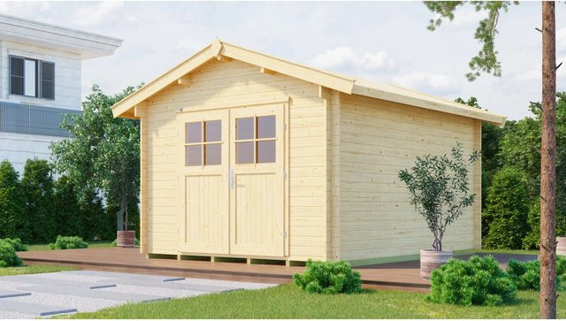 WEKA Gartenhaus Premium aus europäischer Fichte in Beige mit Satteldach und Vordach, B/T/H: 380 x 380 x 262 cm - Bild 1
