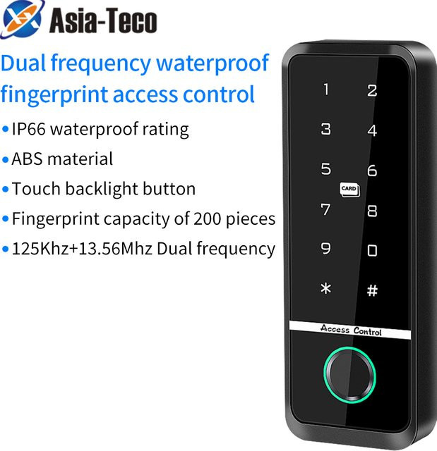 Asia-Teco RFID Zugangskontroller in Schwarz mit Touchscreen, Hintergrundbeleuchtung und IP67 Wasserdichtigkeit, Dual-Frequenz 125 kHz + 13,56 MHz, 1000 Benutzer, Wiegand-Ausgang - Bild 1