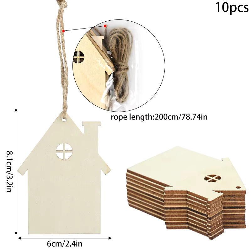 10 Stück Holzhaus Hängeornamente aus Holz in Beige für Weihnachtsdekoration und DIY Handwerk - Bild 6