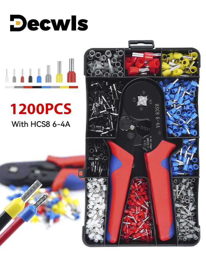 HSC8 6-4A Selbsteinstellende Hand-Crimpzange mit 1200 isolierten Steckverbinder-Crimpklemmen für Aderendhülsen 0,25–10 mm² (23–7 AWG) und Elektrikerwerkzeug-Set - Bild 7