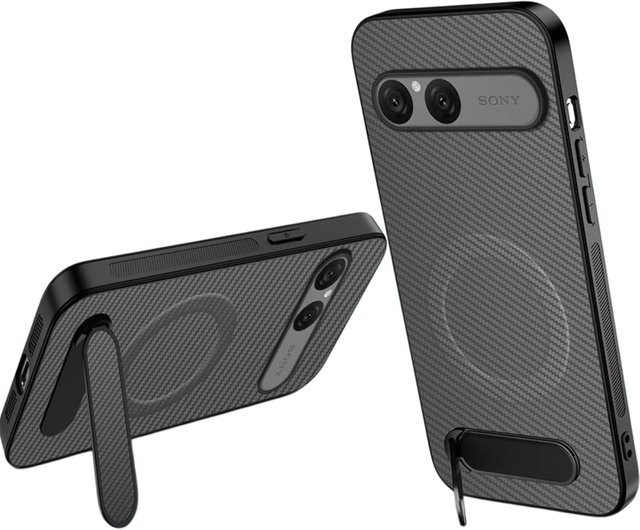 Stoßfeste magnetische Schutzhülle mit Kohlefaser-Textur und Ständer für Sony Xperia 10 VII 5 IV 5 III 5 II 1 VII 1 VI 1 V 1 IV in Schwarz - Bild 1