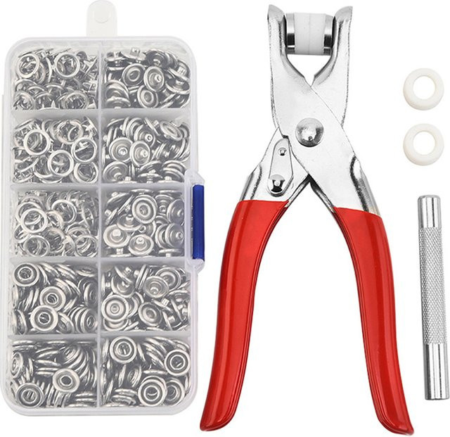 Druckknopf-Set aus Metall in Silber mit Befestigungszange und Presswerkzeug zum Nähen von Kleidung - Bild 1