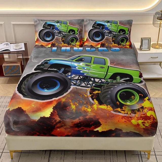 JMG Household Supplies Kinder Bettwäsche-Set mit Monster Truck und 3D Weltraum Galaxie Design, Mikrofaser, Mehrfarbig, B/T: 90 x 200 cm - Bild 1