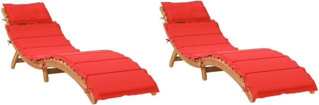 vidaXL Sonnenliegen Set aus Akazienholz mit roten Auflagen, 2 Stück - Bild 1