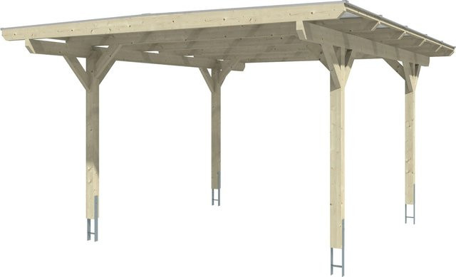 Skan Holz Carport Odenwald aus Fichte Leimholz in Nussbaum Braun mit Doppelstegplatten und flacher Dachform B/T: 428 x 541 cm, Höhe: 238 cm - Bild 1