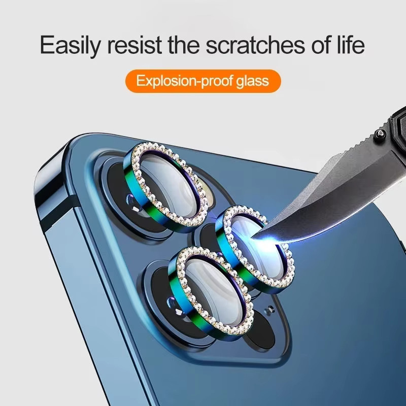 Diamant Kamera Schutz für iPhone 16 17 15 14 12 Pro Max mit gehärtetem Glas und Metallringen in Schwarz und Silber - Bild 2