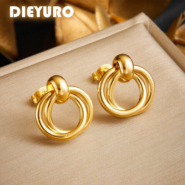 DIEYURO Ohrringe, Doppel Kreis, 316L Edelstahl, Goldene, Damen - Bild 1