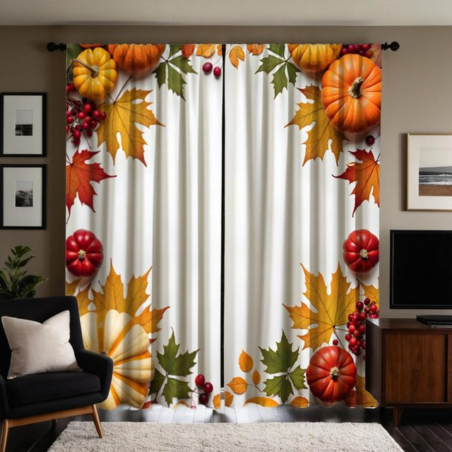 2er Set dekorative Vorhänge mit Kürbis und Ahornblatt Motiv in Weiß und Multicolour, Breite: 132 cm, Höhe: 160 cm - Bild 1