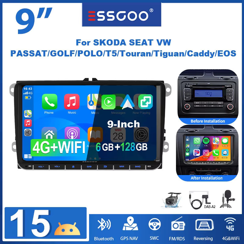 ESSGOO Android 15 Autoradio mit 9 Zoll Display, 6GB RAM, 128GB Speicher, 4G LTE, GPS, Carplay, Android Auto, Bluetooth und WiFi für VW Golf 5 6, Touran, Caddy, Polo, Jetta, EOS in Schwarz - Bild 5
