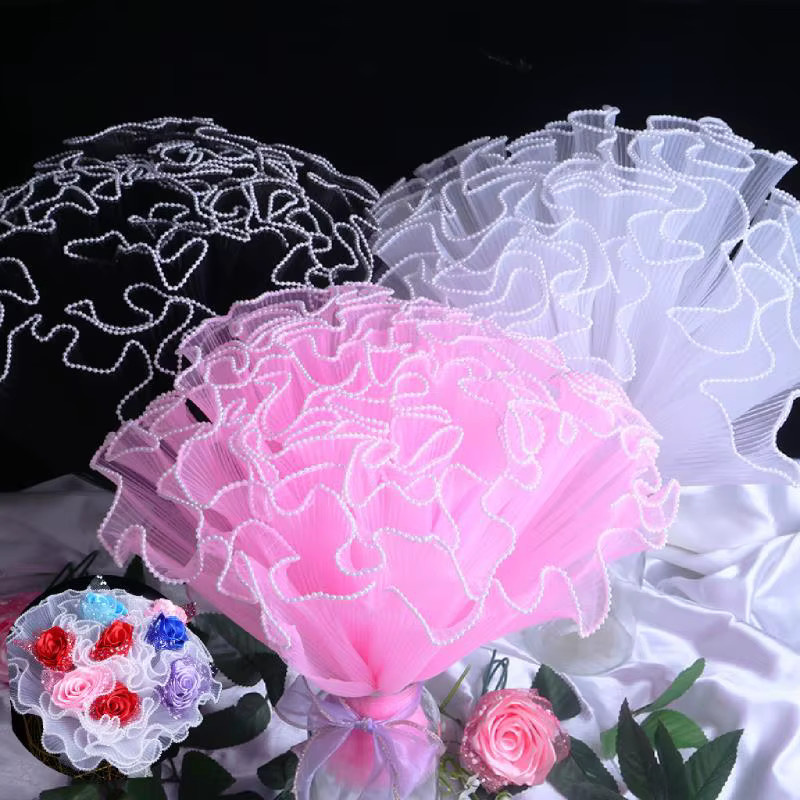 Blumenverpackungspapier mit Perlen-Wellengarn und Spitzen-Netz für Floristik und Geschenke, Breite: 28 cm, Länge: 450 cm - Bild 2