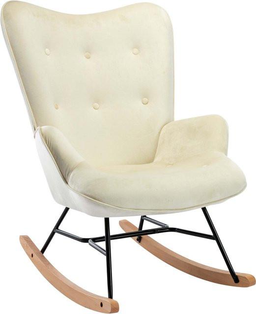 TPFLiving Schaukelstuhl Sanna in Creme mit Samtbezug und Gestell aus Buchenholz natur und Metall Schwarz - Bild 1