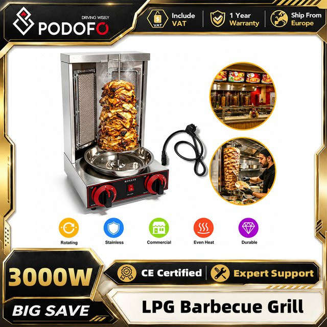 Podofo LPG Gas-Vertikalgrill mit 2 Infrarot-Brennern und 360-Grad-Drehfunktion aus Edelstahl in Silber - Bild 1