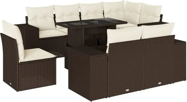 vidaXL 9-tlg. Garten-Sofagarnitur in L-Form aus braunem Poly-Rattan mit cremeweißen Kissen und pulverbeschichtetem Stahlgestell - Bild 1