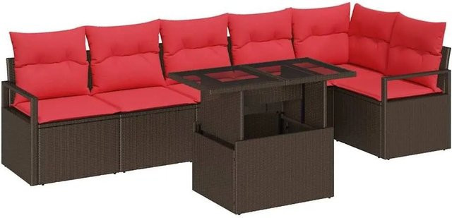 vidaXL Gartensofa-Set aus Poly-Rattan in Braun und Rot mit 7-teiliger L-Form, integriertem Speicher und Polstern für Garten, Terrasse oder Balkon - Bild 1