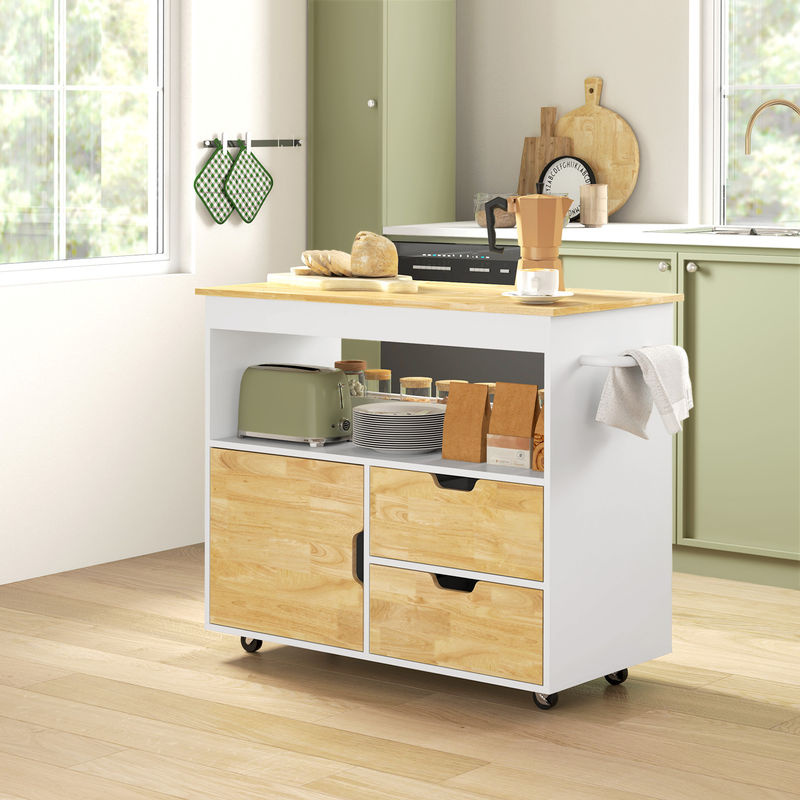 HOMCOM Küchenwagen Servierwagen in Eiche mit Arbeitsplatte, Schubladen und Soft-Close-Tür, B/T/H: 107 x 50 x 85 cm - Bild 2