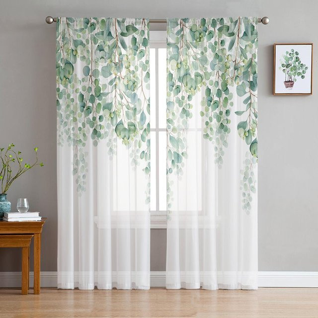 Transparenter Organza-Vorhang mit grünem Blätter- und Naturmuster, Weiß, B: 135 cm, H: 115 cm - Bild 1