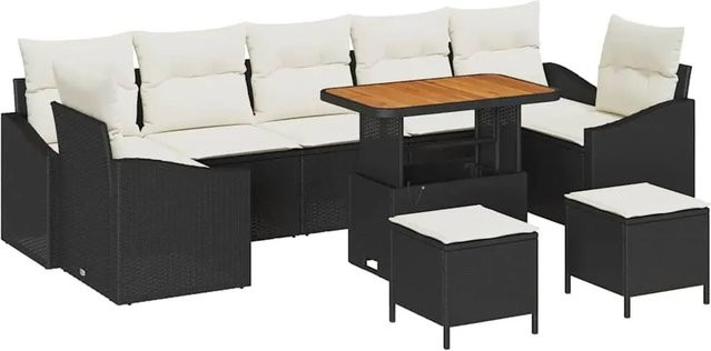 vidaXL 10-teiliges Garten-Sofaset aus Polyrattan und Akazie mit Kissen und Ottoman in Schwarz und Weiß - Bild 1