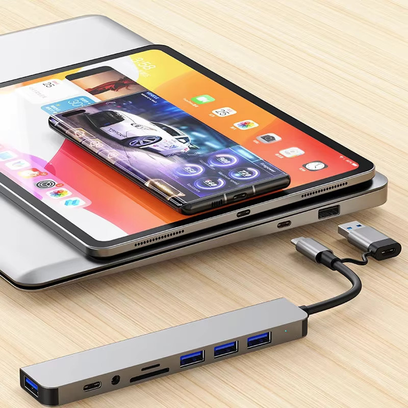 Congdi 8-in-2 USB-C Dockingstation mit USB-Anschlüssen, 3,5-mm-Audio-Klinke und Micro-SD-Kartenleser für Laptop, Tablet und Smartphone - Bild 2
