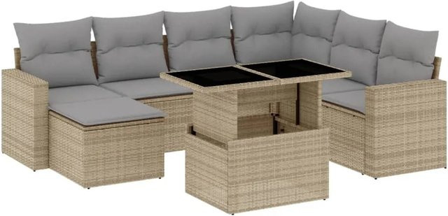 vidaXL 8-tlg Garten-Sofagarnitur in L-Form aus beige farbenem Poly-Rattan mit UV-beständigen Kissen und pulverbeschichtetem Stahlgestell - Bild 1