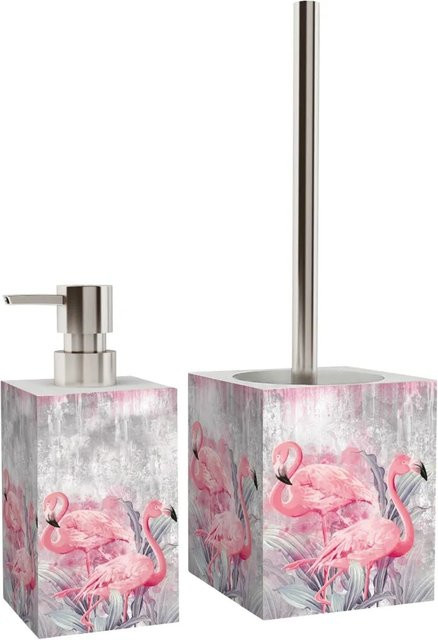 Sanilo Badezimmer Set mit Seifenspender und WC Bürste Flamingo in Pink aus Keramik und Edelstahl, Höhe: 17,0 cm, Breite: 7,0 cm - Bild 1