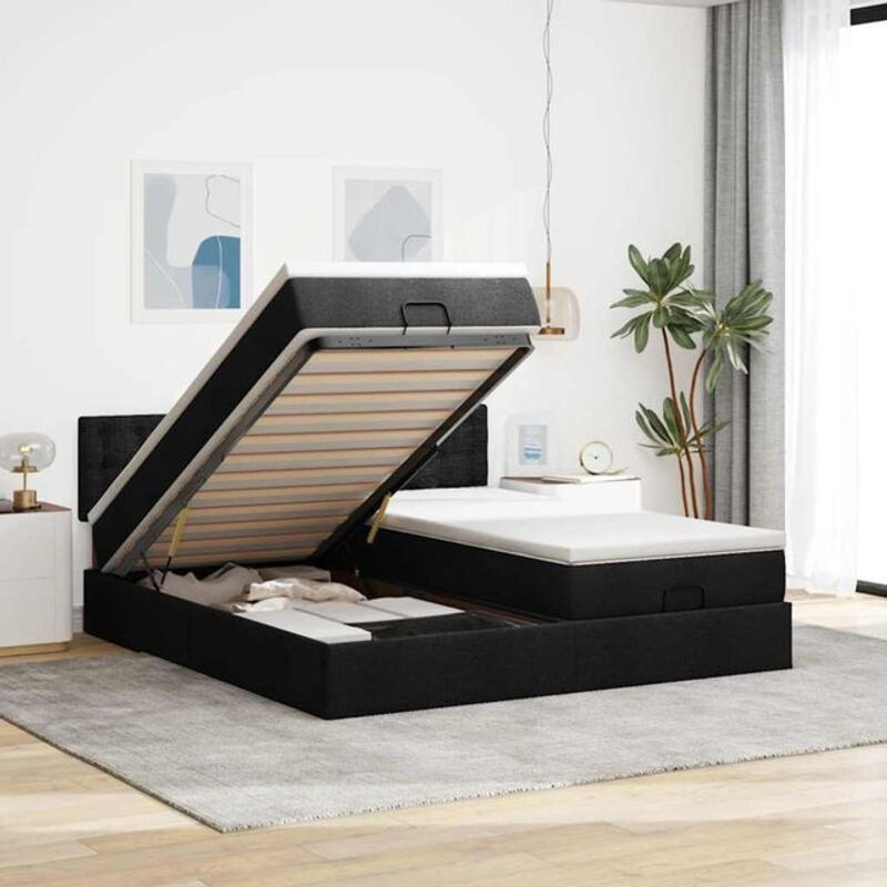 vidaxl Ottoman Polsterbett mit Matratzen und LED in Schwarz aus Stoff, B/T: 160 x 200 cm - Bild 1