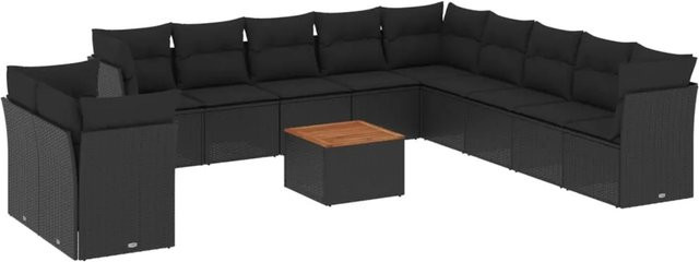 vidaXL 12-tlg Garten-Sofagarnitur in U-Form aus Polyrattan und Akazienholz mit Kissen, Schwarz - Bild 1