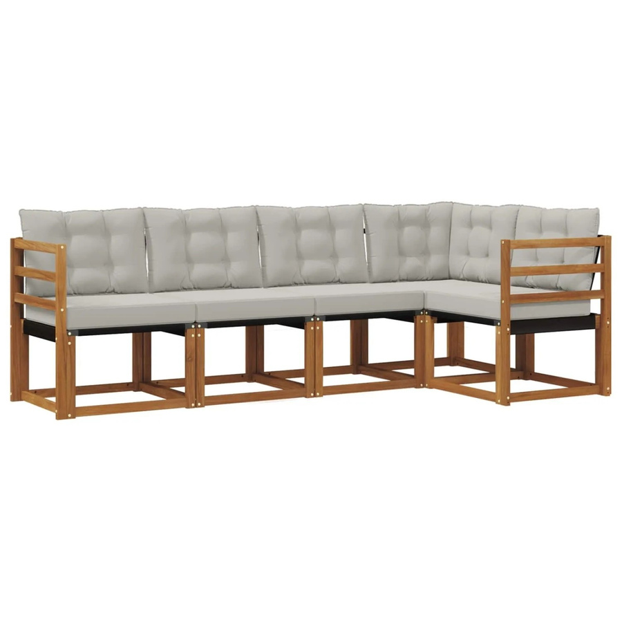 vidaXL Outdoor-Sofagarnitur 5-teilig L-Form aus Akazienholz und Textilene in Natur und Hellgrau mit UV-beständigen Kissen - Bild 2