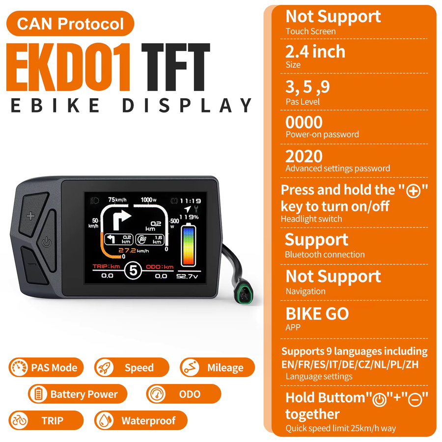 EKD01 E-Bike Display 2,4 Zoll TFT Farbdisplay für Bafang CAN-Protokoll Mittelmotor, Schwarz, IP67 Wasserdicht, E-Bike Computer mit Typ-C Ladeanschluss für BBS01B BBS02B BBSHD - Bild 3