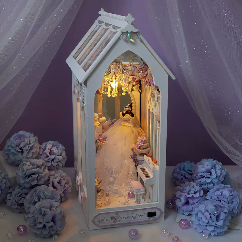 zuuton DIY Holz Hochzeit 3D Puzzle Miniatur Puppenhaus Buch Eck Kit in Weiß mit floralem Design - Bild 3