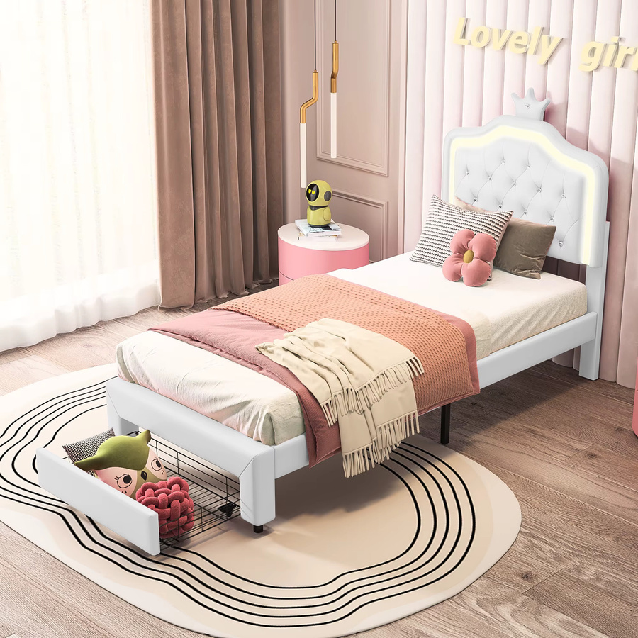 Polsterbett mit LED-Kopfteil und Schublade in Weiß/Rosa, Einzelbett für Kinder und Gäste aus PU-Kunstleder, B/T/H: 90 x 200 cm - Bild 3