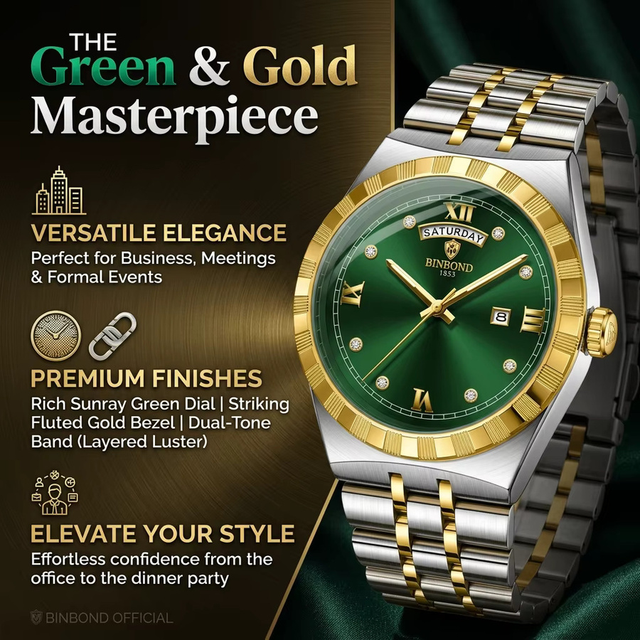BINBOND Armbanduhr Quarz, Edelstahl, Bicolor, Grün, Herren - Bild 2