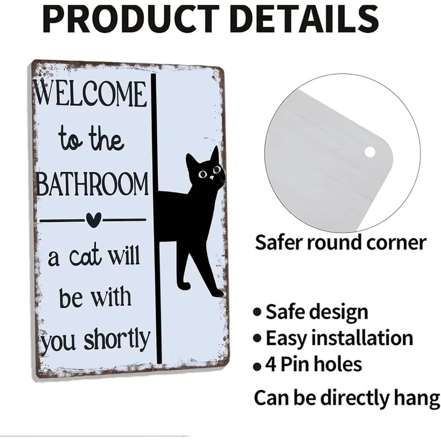 Potdemiel Metallschild Welcome To The Bathroom, A Cat Will Be With You Shortly Retro Wandkunst mit Katzenmotiv in Weiß, Breite: 20,3 cm, Höhe: 30,5 cm - Bild 3