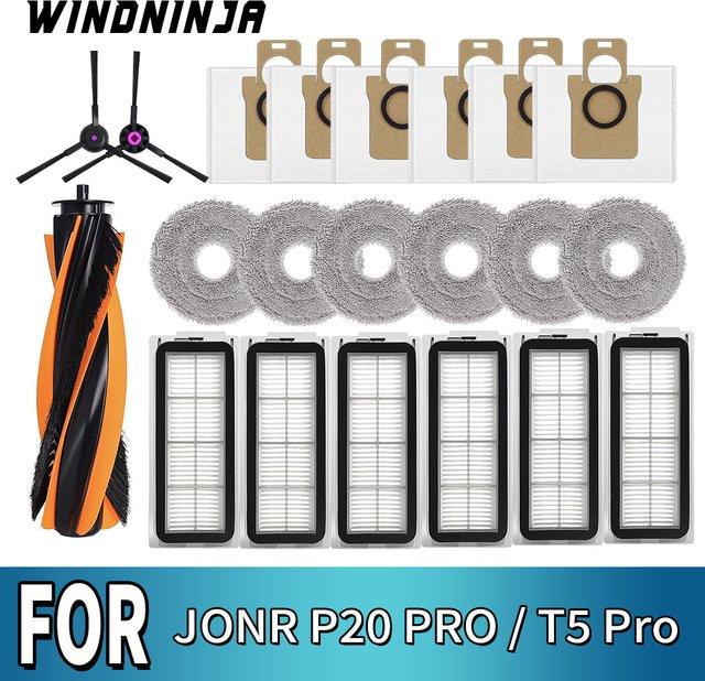 WINDNINJA Ersatzteil-Set für JONR P20 PRO und T5 Pro Roboter-Staubsauger mit Seitenbürsten, Hauptbürste, Hepa-Filtern, Wischmopps und Staubbeuteln aus Kunststoff - Bild 1