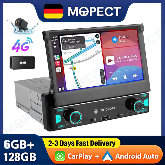MOPECT 1-DIN Autoradio mit 7 Zoll ausklappbarem Android 15 Touchscreen, 6+128 GB, 4G, Wireless Carplay, GPS, Bluetooth, FM+DAB & AHD, Schwarz - Bild 1