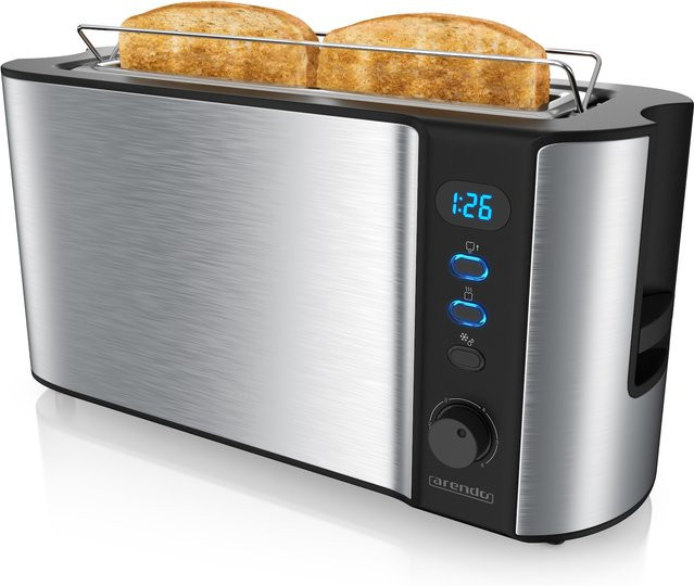 Arendo Toaster Langschlitz für 2 Scheiben mit 1000 W, Brötchenaufsatz, Digitaldisplay und Edelstahl in Silber - Bild 1