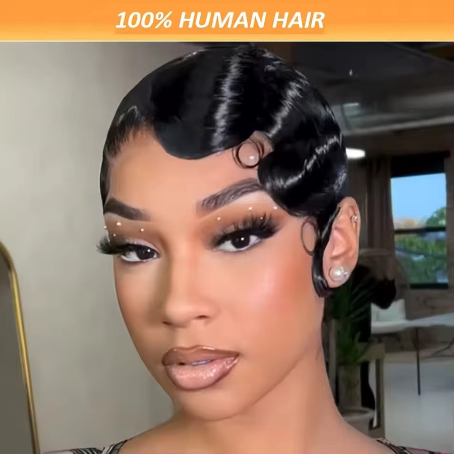 OYM HAIR Pixie-Perücke, Echthaar, schwarz, lockig, kurz, Damen - Bild 2