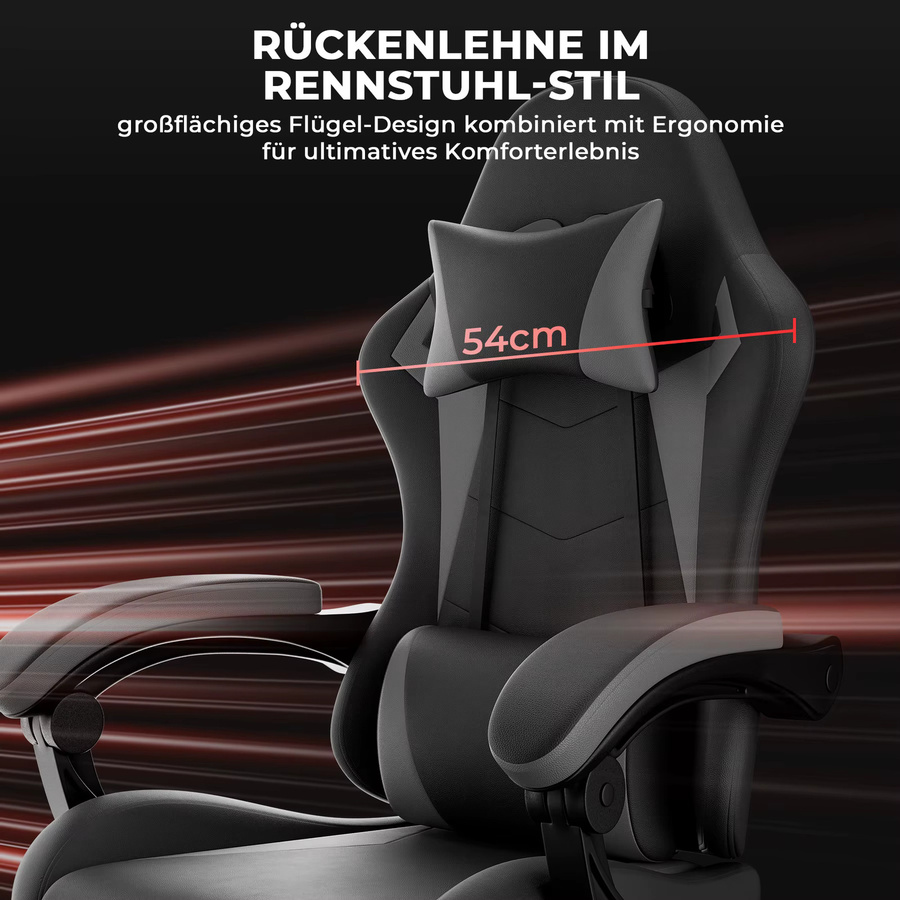 Svintora Gaming-Stuhl in Schwarz-Grau aus PU-Leder mit Fußstütze, ergonomischer Computerstuhl im Racing-Stil mit Kopfstütze und Lendenwirbelstütze - Bild 2