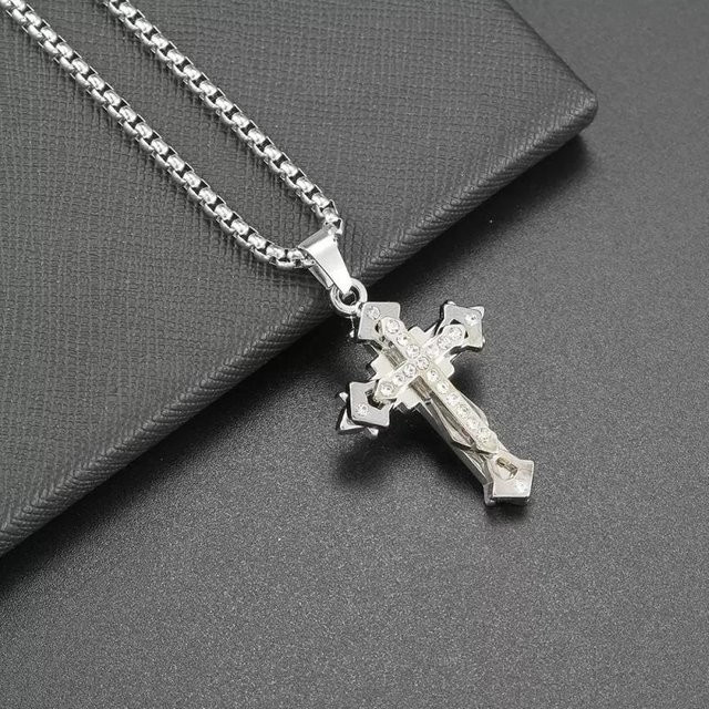 Halskette mit Kreuz Anhänger, Edelstahl, Schwarz, Kristall, Zirkonia, Unisex - Bild 1