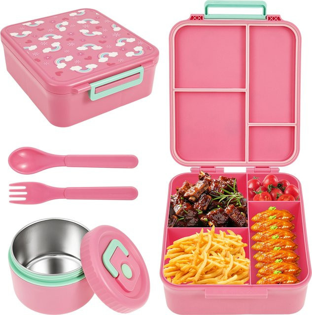 Auslaufsichere Lebensmittelbox mit vier Fächern und Besteck in Pink, 1700 ml - Bild 1