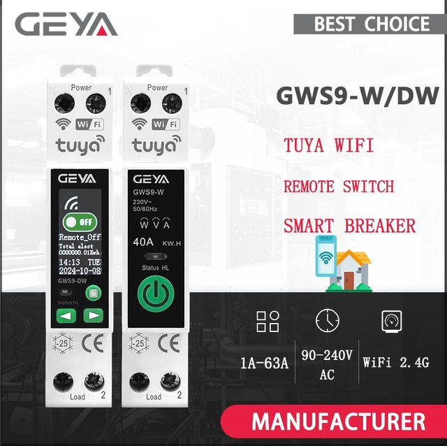 GEYA TUYA WIFI Smart Circuit Breaker mit Messfunktion, drahtloser Fernbedienungsschalter, weiß, einstellbar von 1A bis 63A, 90V bis 240V - Bild 1